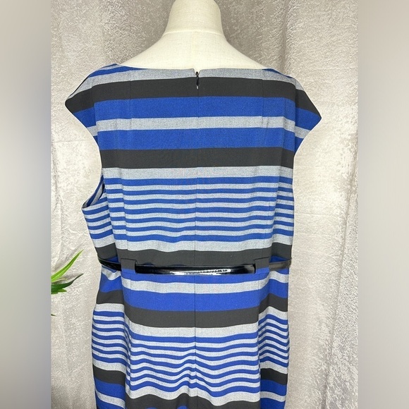 Calvin Klein Women’s Cap Sleeve Striped Belted Sheath Dress Multi Sz 18W - Picture 9 of 13